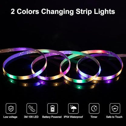 echosari LED Strip Lights Battery Operated, 10Ft 108 LED Dual Color Changing Strip Lights with Remote Cuttable Adhesive Lights Strip for Bedroom Party Decoration (Warm White & Multicolor)