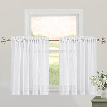 RYB HOME Kitchen Curtains 36 inch Length, White Semi Sheer Window Drapes Short Curtains for Farmhouse Cafe RV Bathroom Small Window, W 52 x L 36, White, Set of 2