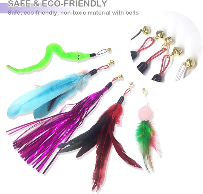 Cat Toy Wand, Interactive Feather Teaser Cat Toys Set, Retractable Cat Fishing Rod with 5pcs Refills (Purple)-Mewly Pet