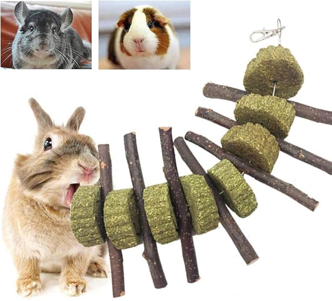 Bunny Chew Toys for Teeth, Organic Apple Wood Molar Sticks with Timothy Hay Circles for Bunny Chinchilla Guinea Pig Hamsters Holland Lop Prairie Dogs Squirrels Gerbils, Improves Dental Health-Mewly Pet