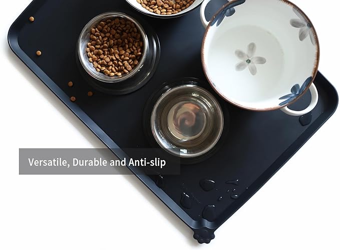 Hoki Found Large Silicone Pet Food Mats Tray - Non Slip Dog Cat Bowl Mats Placemat - Pet Feeding Mat - Pet Water Mats for Floors- Waterproof Dog Cat Food Mats - Black-Mewly Pet