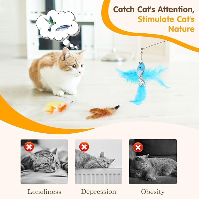 Pawaboo Cat Feather Toys, Interactive Cat Wand Toy with 2-Slot Super Suction Cup, Detachable 2 PCS Spring Cat Wand & 7 PCS Cat Teaser Replacement with Bells, Funny Kitty Toys for Indoor Kittens Play-Mewly Pet