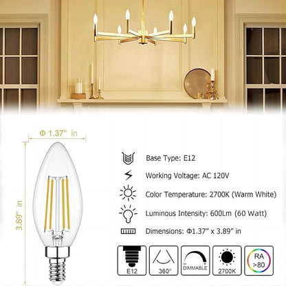 Cotanic LED Candelabra Bulb Dimmable 2700K Soft Warm White, E12 Small Base Type B Light Bulb 60W Equivalent, B11 Candle Light Bulb for Chandelier, Ceiling Fan Light Bulbs, 600LM, AC 120V, 12 Pack