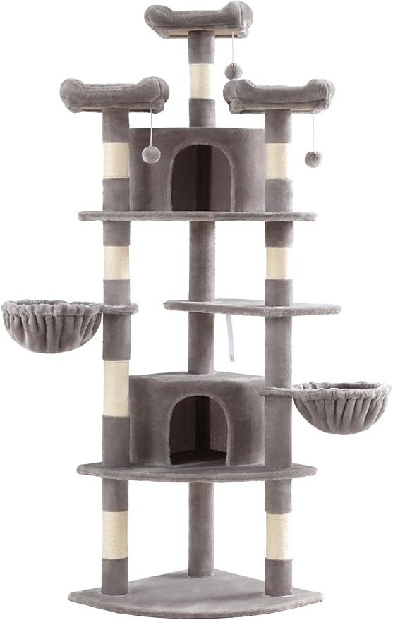 SHA CERLIN 73" Space-Saving Cat Tree/Multi-Level Tall Cat Tower with Perches/Scratching Posts/Condo & Hanging Baskets/Modern Fan-Shaped Design for Indoor Kitties/Pet Activity House/Grey-Mewly Pet
