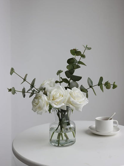 Artificial Flowers with White Roses in Vase, Fake Flowers Bouquet with Vase, Silk Flower Arrangements with Artificial Flowers for Home Dining Table Decor(No Fake Water).