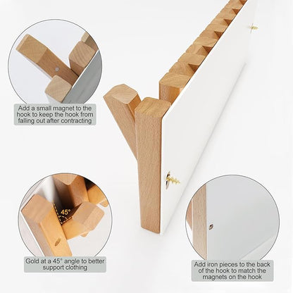 Coat & Hat Hooks Wall Mount with Key Holder, Wall Mounted Coat Rack with 9 Retractable Hangers, Solid Wood Slim Key Holder for Entryway, 17in Natural Finish