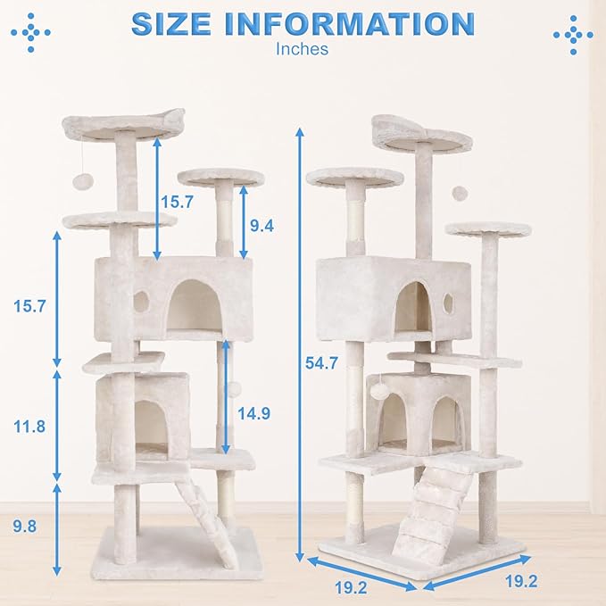 FDW Cat Tree 54in Cat Tower Multi-Level Durable Cat Scratching Post & Cozy Fun Cat Jumping Platform Space Saving Cat Condo Pet Play House for Indoor Cats,Beige-Mewly Pet