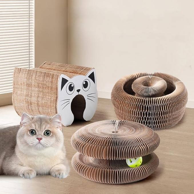 Kitty Curls Cat Toy Kurlz, Interactive Scratch Pad, Foldable Accordion,Cat Recyclable Scratcher with Ball (Black)-Mewly Pet