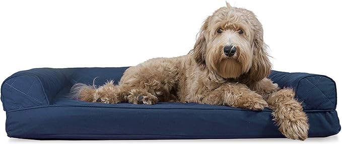 Furhaven Cooling Gel Dog Bed for Large/Medium Dogs w/ Removable Bolsters & Washable Cover, For Dogs Up to 55 lbs - Quilted Sofa - Navy (Blue), Large-Mewly Pet