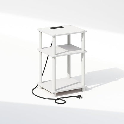 Furinno JUST Night Stand, 3-Tier Turn-N-Tube Nightstand with Charging Station, Bedside Table, End Table, Side Table with USB and Type-C Charging Port, for Bedroom, Living Room, White