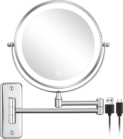DECLUTTR Rechargeable Wall Mounted Makeup Mirror, 8 Inch 1X/10X Magnifying Mirror with 3 Color Lights, Dimmable LED Lighted Makeup Mirror with Double Sided