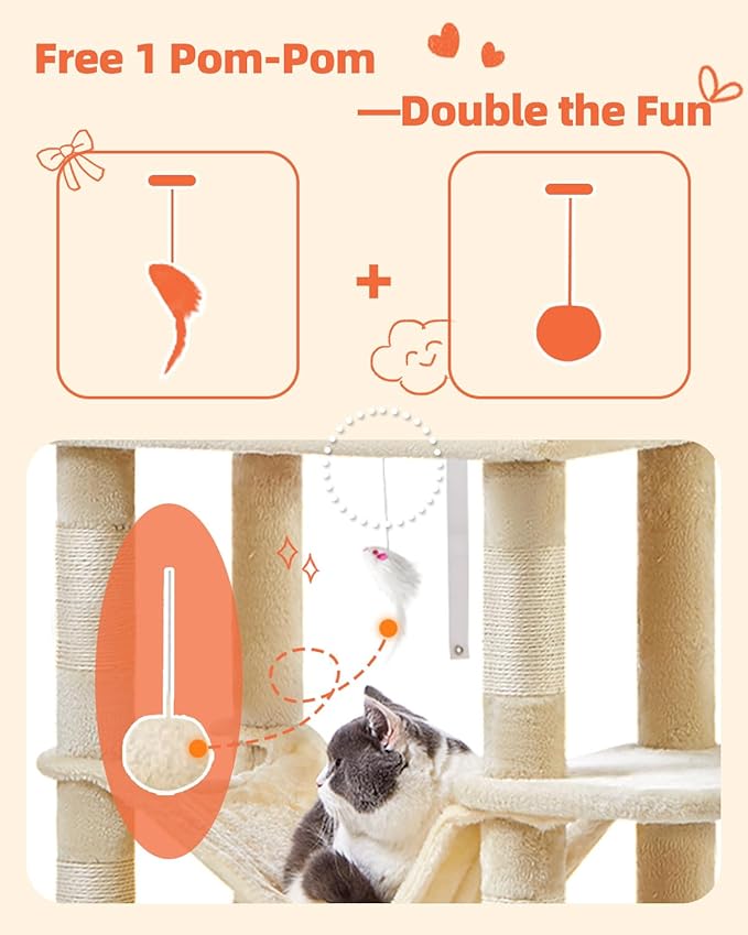 Taoqimiao Cat Tree, 66.2-Inch Cat Tower for Indoor Cats, Plush Multi-Level Cat Condo with 7 Scratching Posts, 2 Perches, 2 Caves, Hammock, 2 Pompoms, Beige MS013M-Mewly Pet