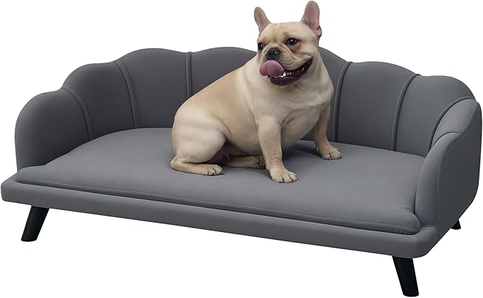 PawHut Velvet Large Dog Couch with Foam Cushion, Soft and Cute Dog Bed with Pearl Design, Dog Sofa for Big and Medium Dogs, Charcoal Gray-Mewly Pet