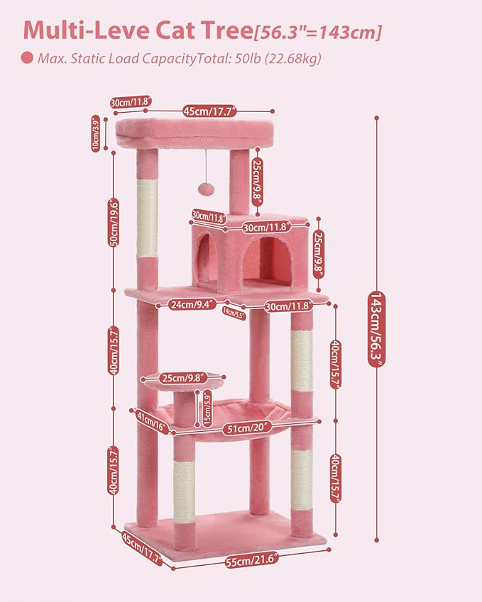 Cat Tree for Large Cats with Metal Plush Big Hammock, 56.3" Cat Tower for Indoor Cats with 2 Door Condo House, 6-Tier Cat Shelves with Scratching Posts and Large Top Perch, Pink-Mewly Pet