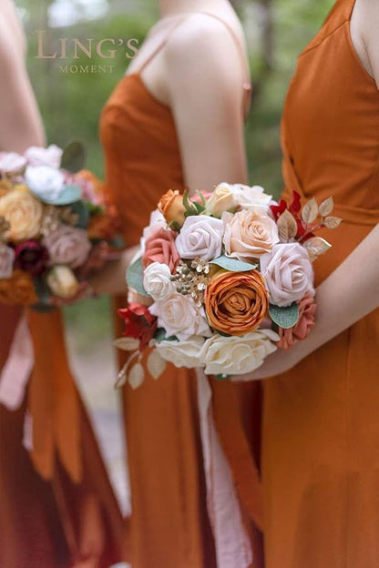 Ling's moment Artificial Flowers Fake Silk Roses Faux Foam Flower Combo for DIY Wedding Bouquets Centerpieces Arrangements Bridal Shower Party Home Decorations, Orange & Dusty Rose, 21pcs