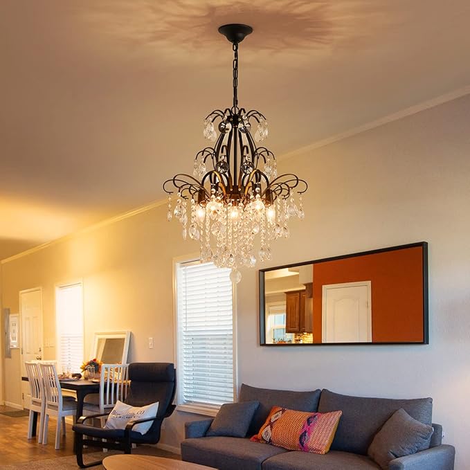 WUZUPS Crystal Chandelier 5-Light Pendant Ceiling Light Modern Lighting Fixture for Bedroom Hallway Bar Kitchen Bathroom, H 22.6'' x W 19.2'', E12 Base, Black