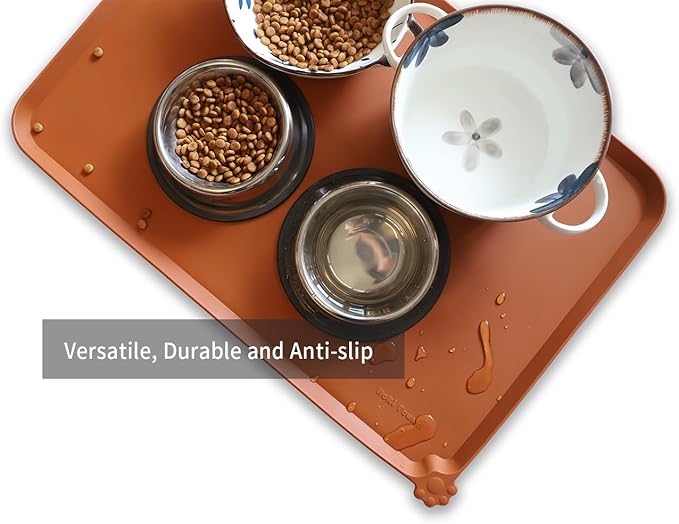 Hoki Found Large Silicone Non Slip Pet Feeding Mats - Waterproof Dog Cat Bowl Mats - Caramel-Mewly Pet
