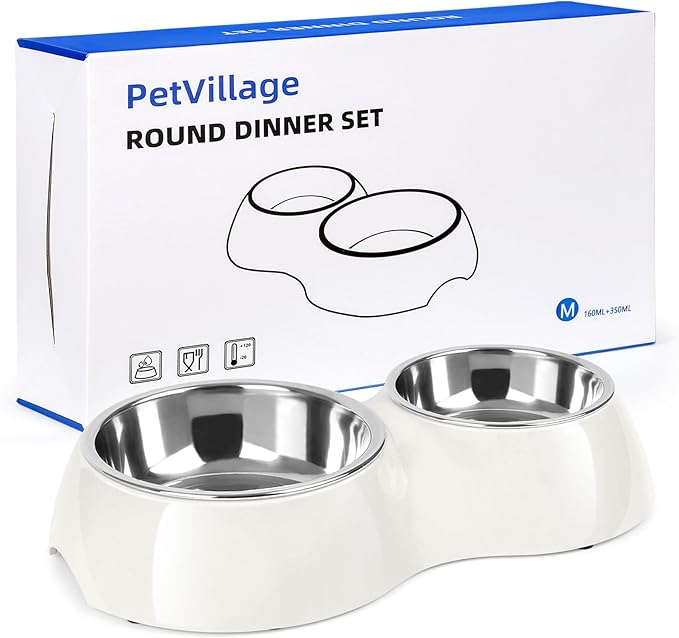 Double Dog Bowls Set – Non-Slip Pet Food & Water Dishes with Resin Stand, Includes Small (1 Cup) & Medium (2 Cups) Bowls – Ideal for Puppies, Cats, and Medium Dogs – White-Mewly Pet