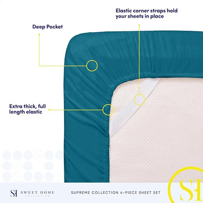 RV Queen Bed Sheets - Breathable Luxury Sheets with Full Elastic & Secure Corner Straps Built In - 1800 Supreme Collection Extra Soft Deep Pocket Bedding Set, Sheet Set, RV Short Queen, Teal
