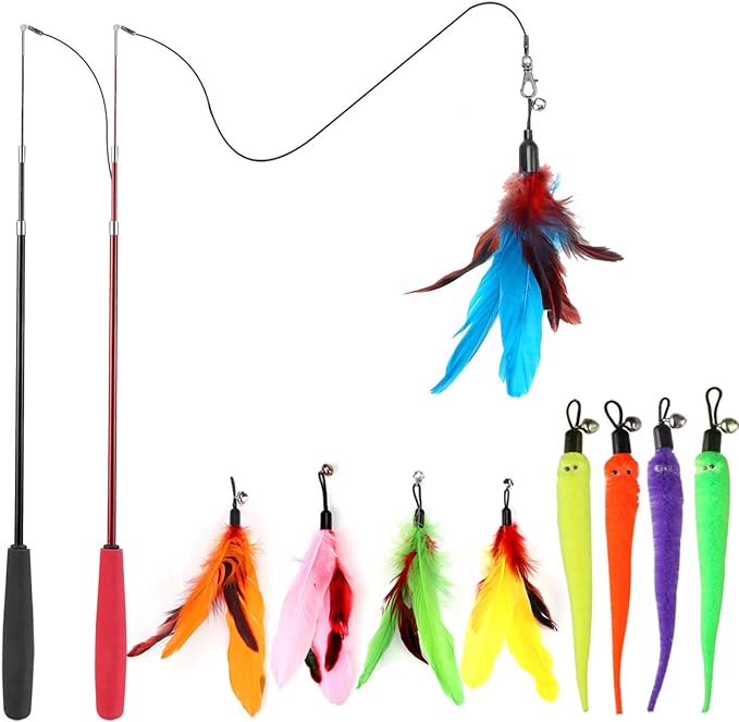 Interactive Cat Toys - Retractable Wand Toy and Feather Toys Refills for Indoor Cats to Chase and Exercise-Mewly Pet