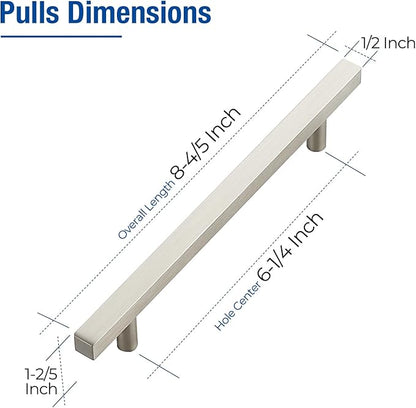 JOY DECOR 10 Pack 6-1/4 Inch Brushed Nickel Square Cabinet Handles Stainless Steel Cabinet Hardware Pulls for Kitchen and Drawers with 8-13/16 Inch Overall Length
