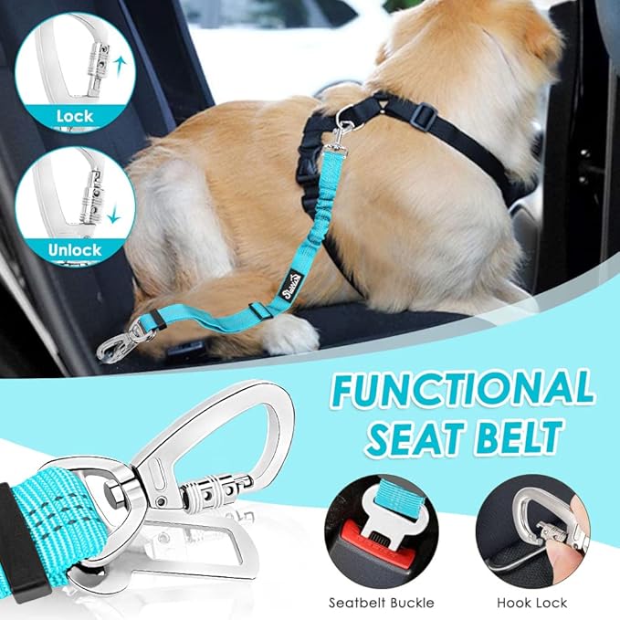 Lukovee Dog Seat Belt for Car, Adjustable Dog Car Harness for Large Medium Small Dogs, Soft Padded & Breathable Mesh Dog Seatbelt with Car Strap and Carabiner(Light Blue Double Clip,XX-Small)-Mewly Pet
