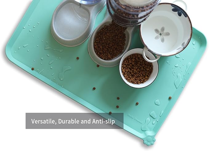Hoki Found X-Large Silicone Non Slip Pet Food Mats - Silicone Pet Proof Bowls - Waterproof & Easy to Clean - For Dogs & Cats - Cool Mint-Mewly Pet