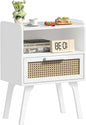 Lerliuo Rattan Nightstand, Bedside Table with Drawer Open Shelf, Cane Accent Side End Table with Solid Wood Legs, White Mid Century Night Stand for Bedroom, Dorm and Small Spaces