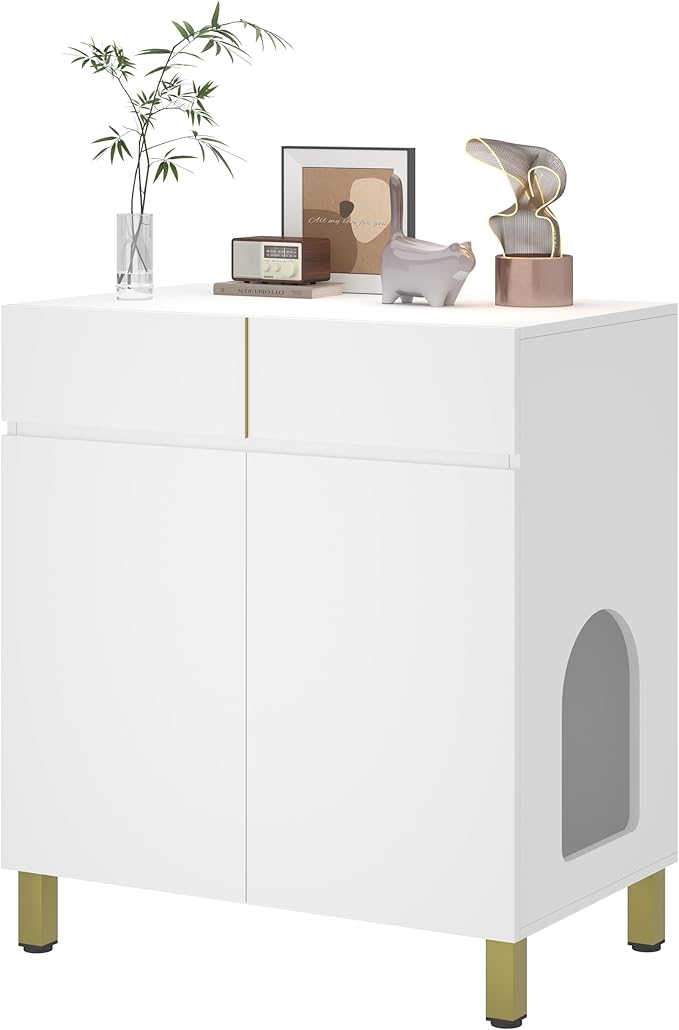 Large/Tall Litter Box Enclosure, Modern Wooden Litter Box Furniture for XL Litterbox with Drawer as Sideboard Cabinet (White)-Mewly Pet