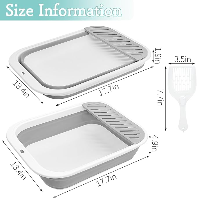 Fhiny Cat Litter Box Portable Shallow Litter Box 17.7"x13.4"x4.9" Foldable Cat Toilet with Scoop Open Kitty Potty Pan with Litter Drop Pedal Easy to Clean Travel Kitten Toilet(Gray)-Mewly Pet