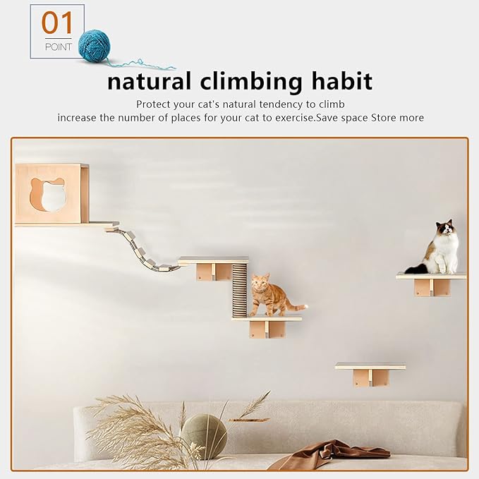 Cat Wall Shelves and Furniture Set with Condos, Perches, Bridge Ladders, Sisal Scratching Posts - Steps and Houses for Cats (A)-Mewly Pet