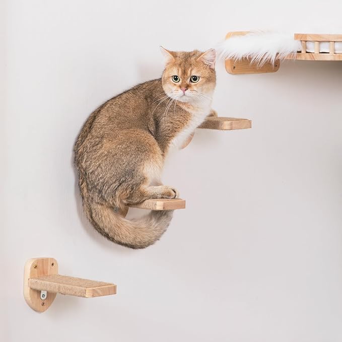 3pcs Cat Wall Steps, Climbing Mounted Furniture, Shelves With Hemp Rope Covered, Solid Wood Ladder for Playing and Climbing (Standard-Wood)-Mewly Pet