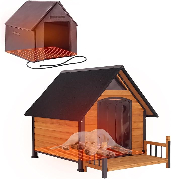 Heated Dog House Outdoor with Insulated Liner in Winter, Weatherproof Puppy Kennel with Anti-Chewing Metal Frame, Dog Shelter for Large, Medium and Small Dogs (Brown, 50.9'' Large)-Mewly Pet
