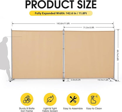 Rantila 2 Large Panels Room Divider,Portable Office Divider,Convenient Movable,Folding Partition Privacy Screen for Bedroom,Dining Room, Study,142" W x 71" H,Beige