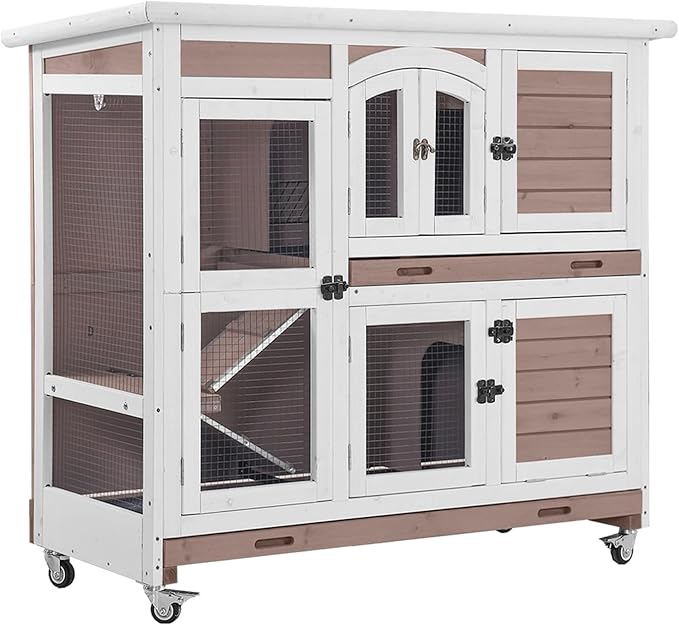 GUTINNEEN Large Rabbit Hutch Wooden Bunny Cage Indoor with Chew-Proof Ramp, 2-Story Guinea Pig Cages with Casters, Pull-Out Trays for Rabbits, Guinea Pigs, 47.2" L x 19.7" W x 42.1" H-Mewly Pet
