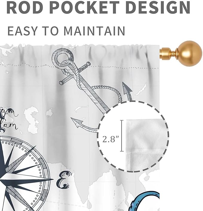 Nautical Curtains, Coastal Old Pirate Map Sailboat Compass Anchor Vintage Ocean Kraken Octopus Tentacles Blue Marine Window Drapery Treatment for Bedroom Living Room Kitchen Bathroom, 42"x54" Inch