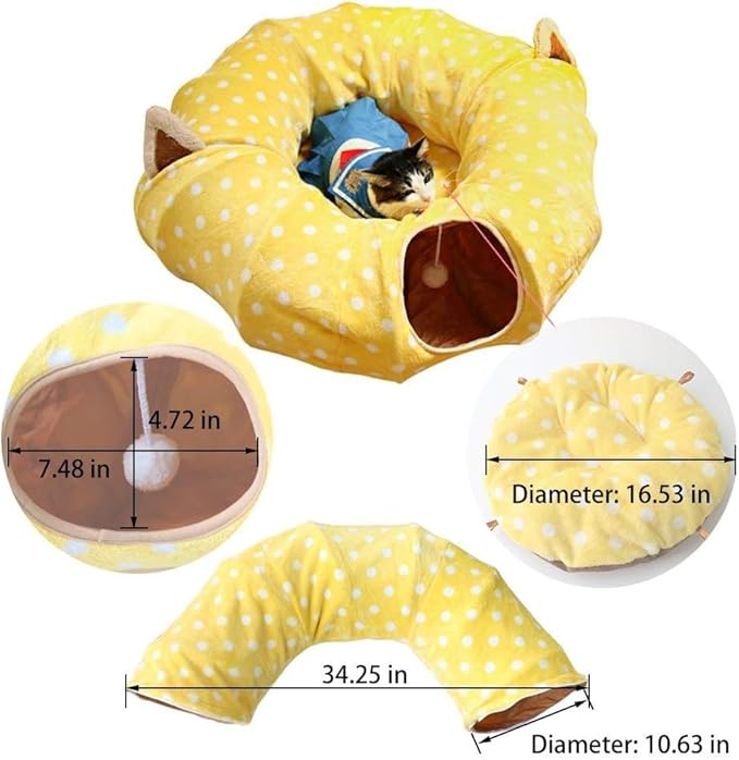 AUOON Cute Cat Donut Tunnel - Round Cat Tunnel Bed with Washable Cushion Interactive Cat Toy for Indoor Cats Kitten Kitty Puppy Rabbit Ferret (Yellow)-Mewly Pet