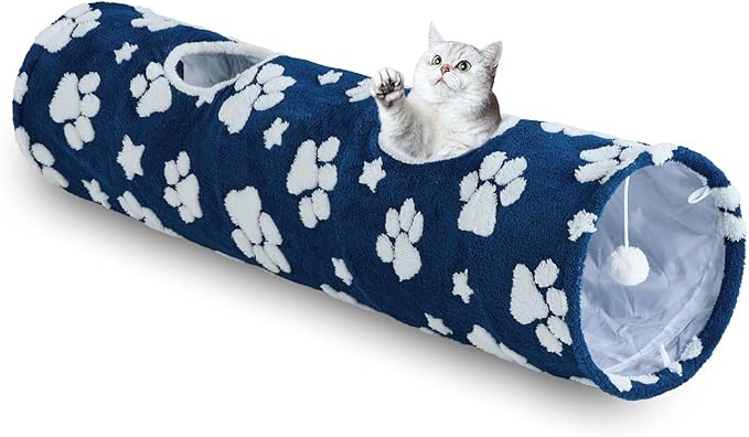 Straight Cat Tunnel for Indoor Cats 47"x12", Cute Cat Toys Collapsible Tunnel Tube with Balls for Puppy Kitten Rabbit, Blue Paw-Mewly Pet