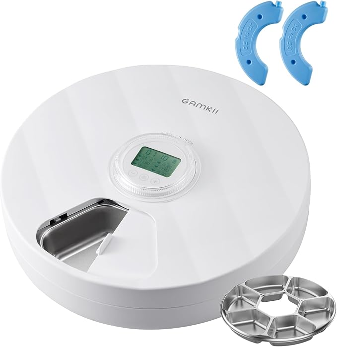 Automatic Cat Feeder Wet Food, Battery Operated Auto Feeder with 2 Ice Packs, Digital Cordless Pet Fresh Food Bowl with Timer and Memory Function for Cats Small Dogs (6-Meal Stainless Steel)-Mewly Pet