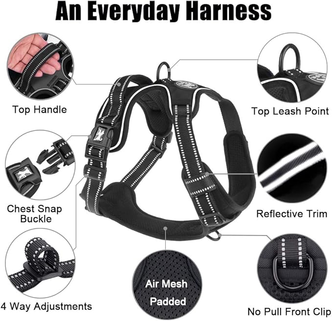 PoyPet No Pull Dog Harness, Reflective Comfortable Vest Harness with Front & Back 2 Leash Attachments and Easy Control Handle Adjustable Soft Padded Pet Vest for Small to Large Dogs (Black,S)-Mewly Pet