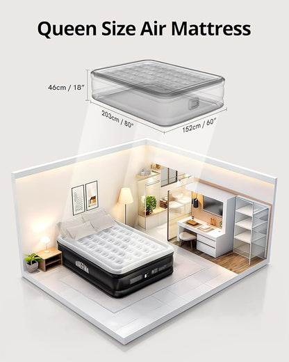 Airefina Air Mattress Queen with Built in Pump, 18 Raised Comfort Blow Up Mattress with Carrying Bag, Portable Inflatable Mattress for Guest Home, Air Bed Colchones Inflables 750 Lbs Max, 80*60*18 in