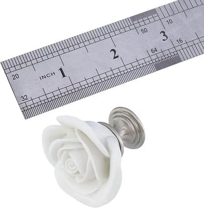 8PCS 1.65" × 1.54" White Rose with Base Knobs Ceramics Flower Shaped Pulls for Cupboard Drawer, with 2 Kinds of Screws