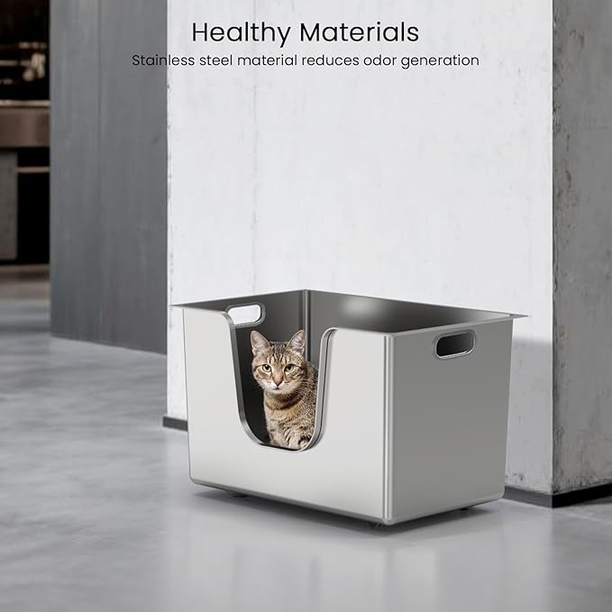Enclosed Stainless Steel Cat Litter Box 13.8” High Sides, Extra Large Litter Box for Big Cats, XL Metal Kitty Litter Pan Pet Toilet with Wheels for Easy Mobility, Anti-Leakage, Non-Sticky, Easy Clean-Mewly Pet