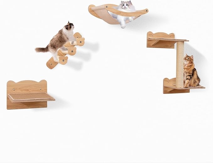 Tangkula Cat Wall Shelves, Wall Mounted 4pcs Kitten Furniture Set with Hammock, 2-Step Kitty Tree, Perch, Non-Slip Carpet Mat, Sisal Stairs & Scratching Posts, Wooden Cat Climber Steps (Natural)-Mewly Pet