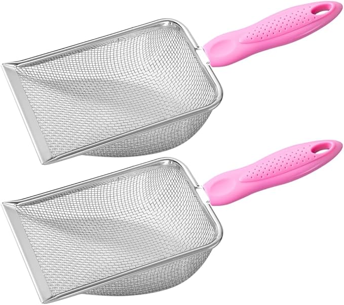 Cat Litter Scoop,Sturdy Litter Cleaner Corner Shovel,2Pcs Stainless Steel Mesh Litter Shovel,Easy to Clean Reptile Terrarium Sand Waste,Beach Shovel(2 Pcs Pink)-Mewly Pet