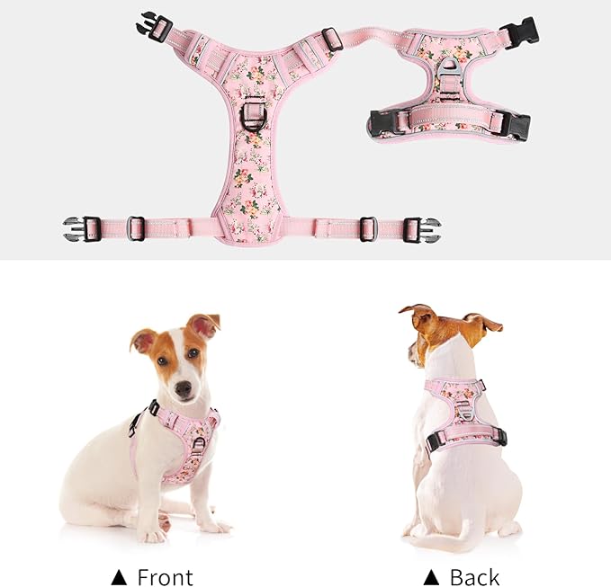 Timos No Pull Dog Harness,NO Need Go Over Dogs Head 3 Snap Buckles Reflective Oxford No Choke Harness with Front & Back 2 Metal Leash Clips Soft Padded for Small Medium Large Dogs Pink S-Mewly Pet
