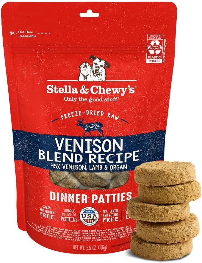 Stella & Chewy's Freeze-Dried Raw Dinner Patties - Venison Blend Recipe - High Protein Grain-Free Puppy & Dog Food - Perfect For Picky Eaters - 5.5 oz-Mewly Pet
