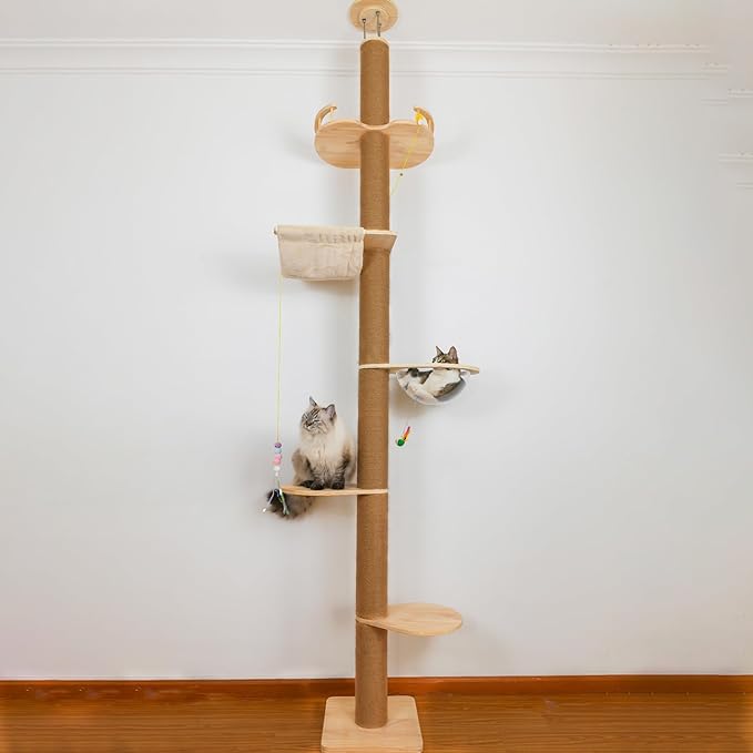 Floor to Ceiling Cat Tree Height (50-120 in) Adjustable Cat Tower 5 Tier Hemp Scratching Post High Cat Tree Sturdy Activity Tree Indoor Outdoor Cat Scratching Post Activity Center-Mewly Pet