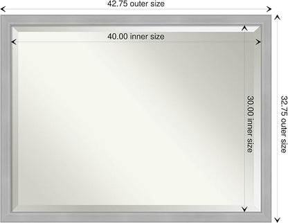 Amanti Art Silver Bathroom Mirror for Over Sink, 33x43 Vista Brushed Nickel Narrow Rectangle Vanity Mirror, X-Large Casual Frame, Hangs Horizonally and Vertically, Bathroom Wall Decor, Beveled Edge