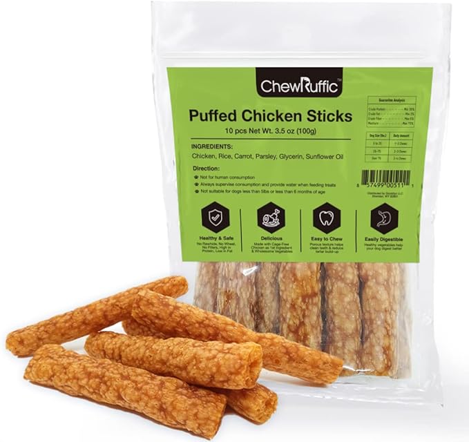 Chicken Dog Chew Sticks, Puffed Human Grade Dog Treat Sticks, Rawhide Alternative, Easy to Digest 10pcs/Pack-Mewly Pet